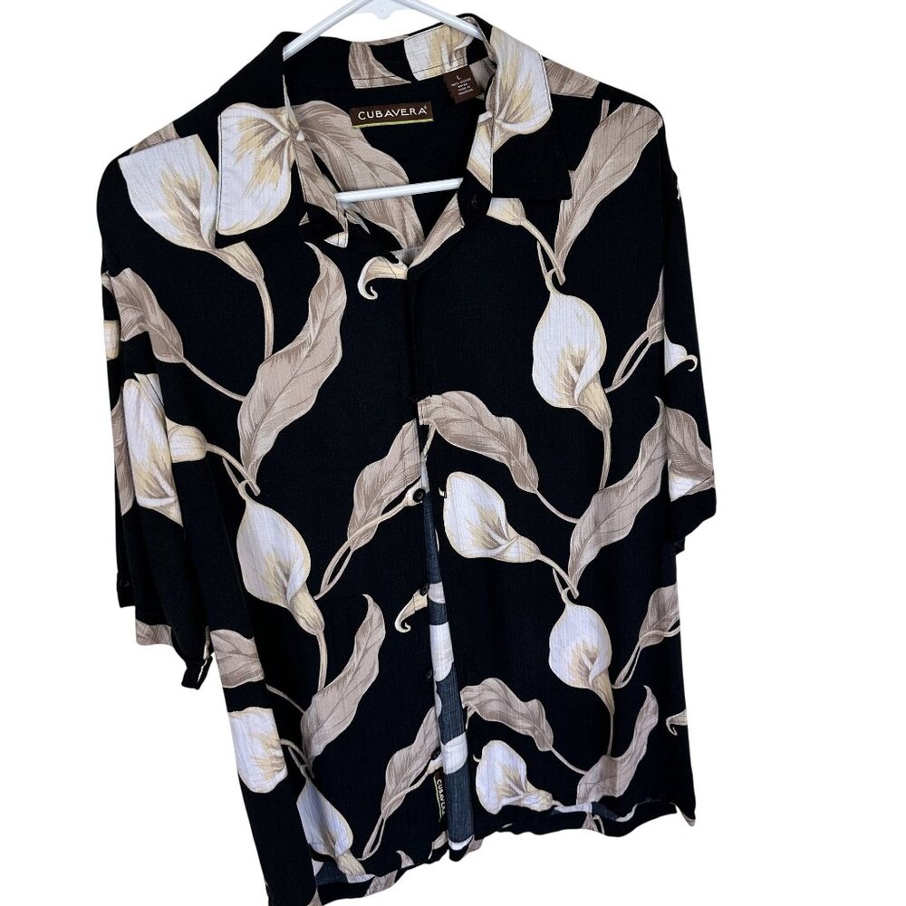 Cubavera Black Floral Short Sleeve Button Up Shirt Large 100% Viscose Indonesia